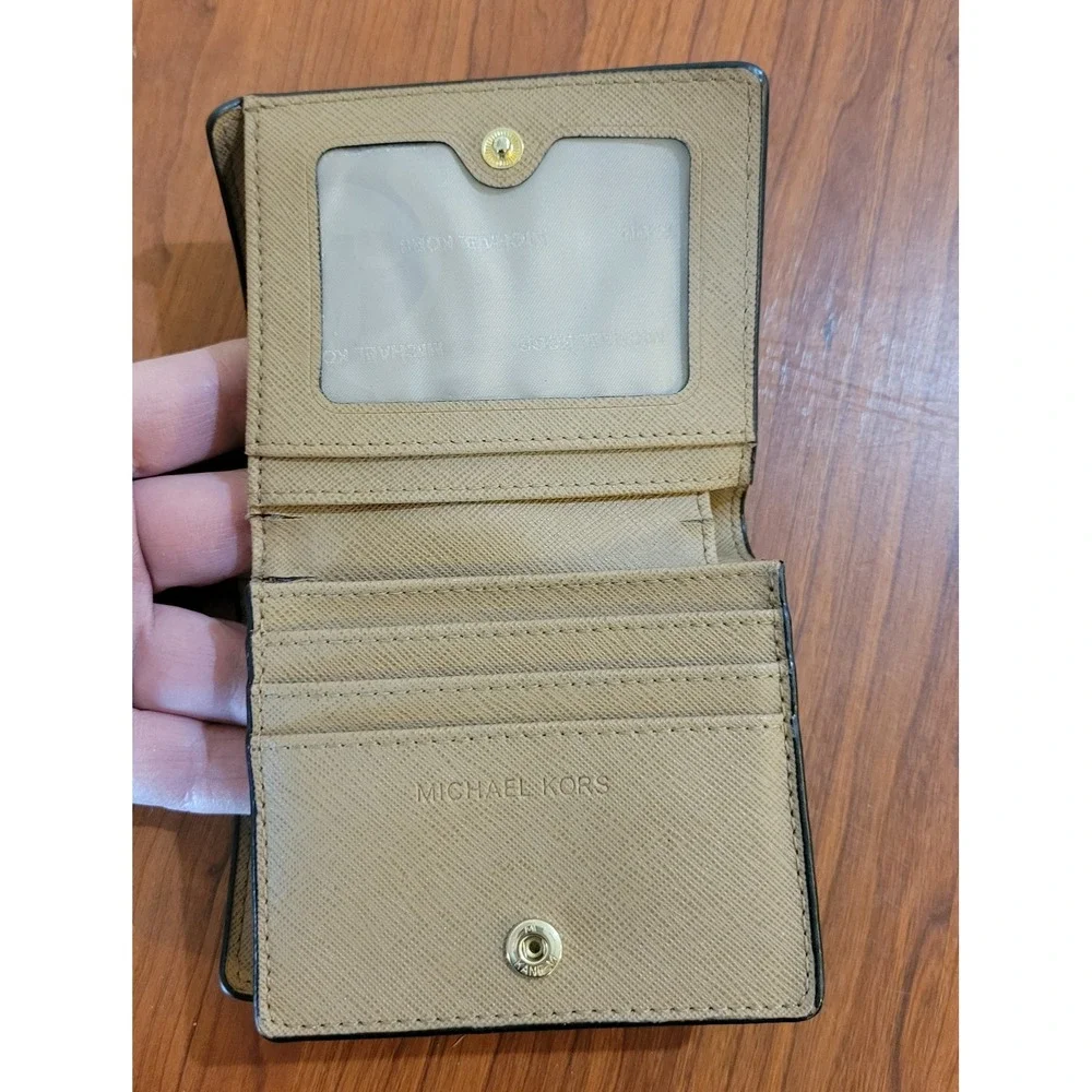 Michael Kors Black Pebbled Leather Bifold Compact Wallet Gold Logo Zipper Pocket